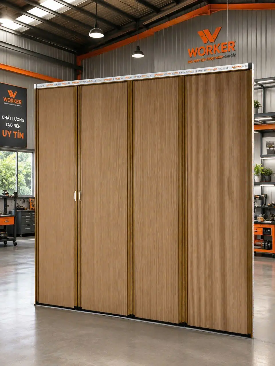 Vách ngăn chớp nhôm vân gỗ tại showroom WORKER